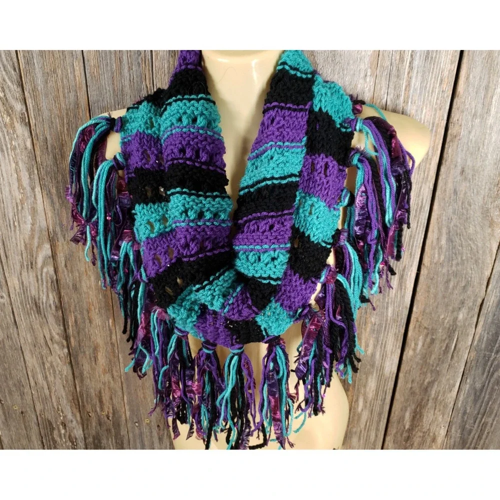 NEW Hand Knitted Purple Black Green Boho Cowl‎ Scarf Indie Festival Art Whimsy